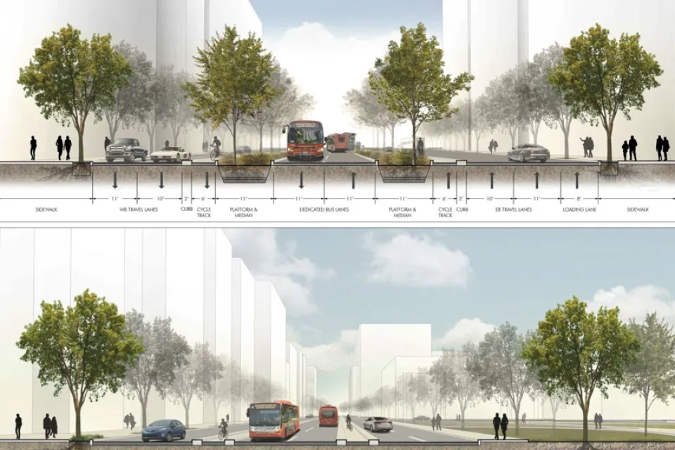 A proposed cross section of a center-running, protected bus lane.